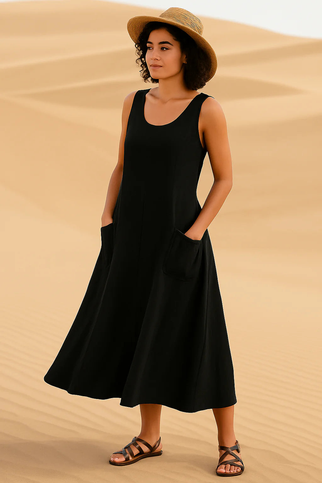 Vestido Isadora Midi sem Mangas e Bolsos Frontais