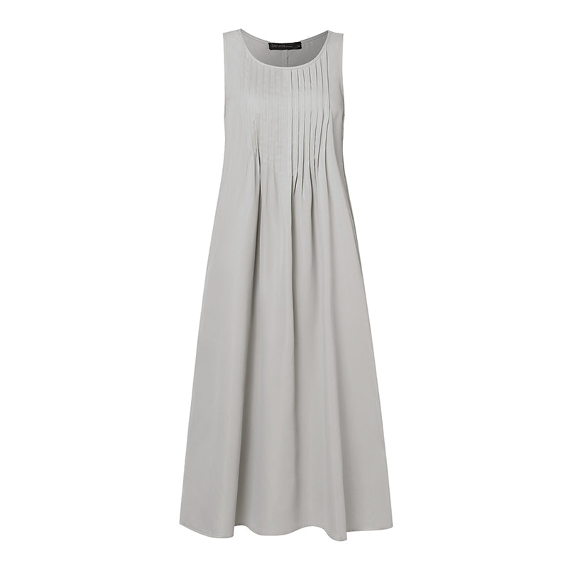 Vestido Eloá Midi sem Mangas Pregas no Decote e Bolsos Frontais