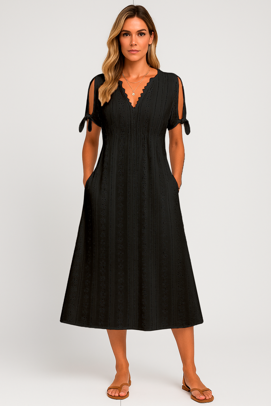 Vestido Zoe Midi em Lese com Botões no Decote