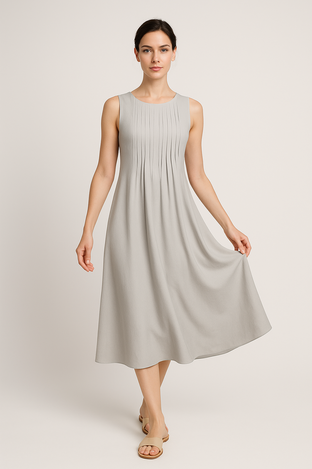 Vestido Eloá Midi sem Mangas Pregas no Decote e Bolsos Frontais