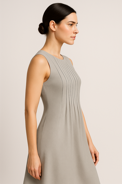 Vestido Eloá Midi sem Mangas Pregas no Decote e Bolsos Frontais