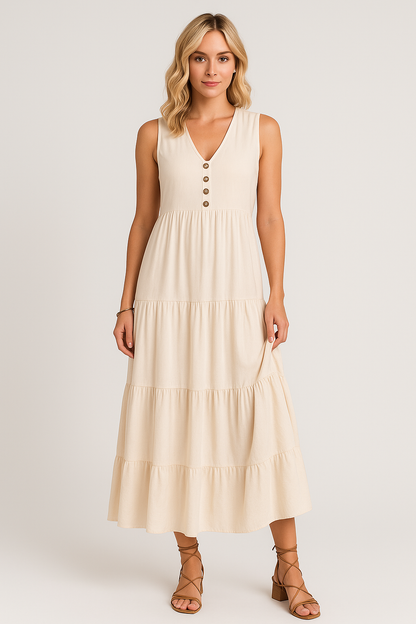 Vestido Maia Decote V com Botões e Saia 3 Marias