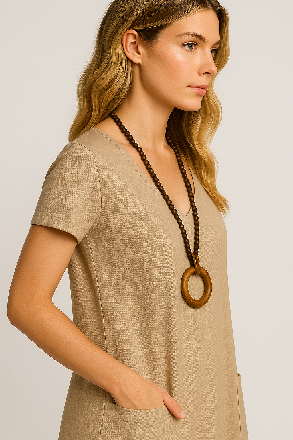 Vestido Lavínia Midi Decote Redondo Bolsos Frontais e  Manga Curta