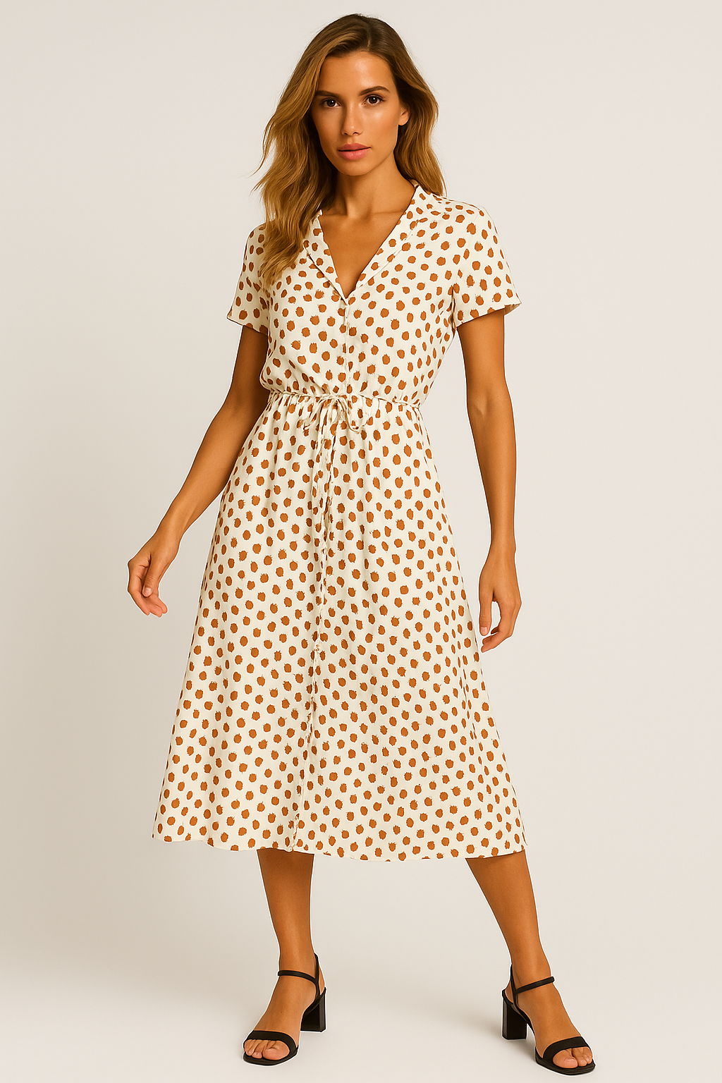 Vestido Helena Midi Manga Curta e Decote V