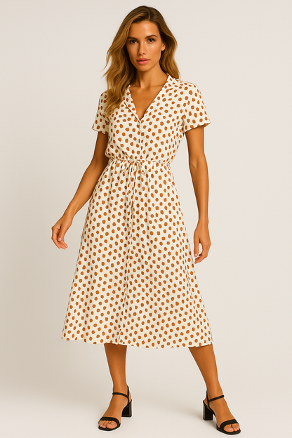Vestido Helena Midi Manga Curta e Decote V