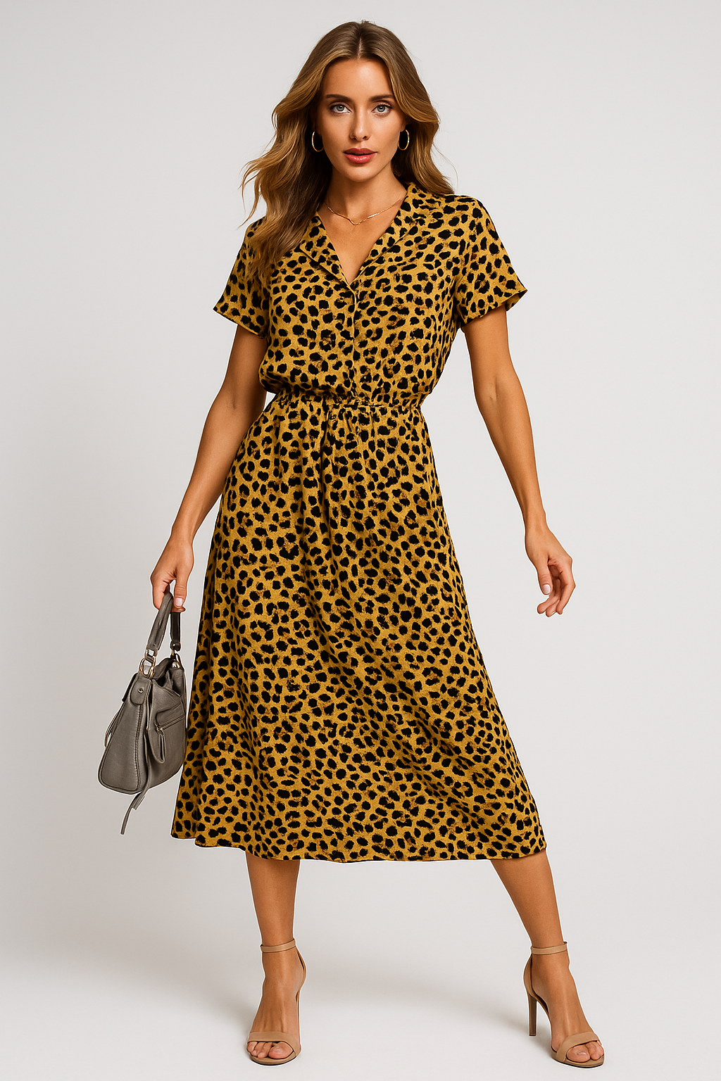 Vestido Helena Midi Manga Curta e Decote V