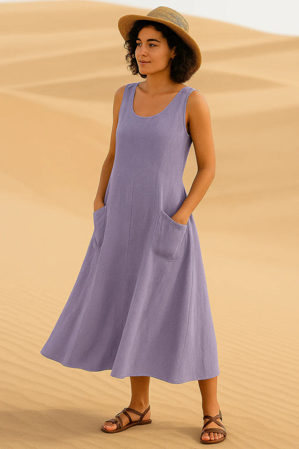 Vestido Isadora  Midi sem Mangas e Bolsos Frontais