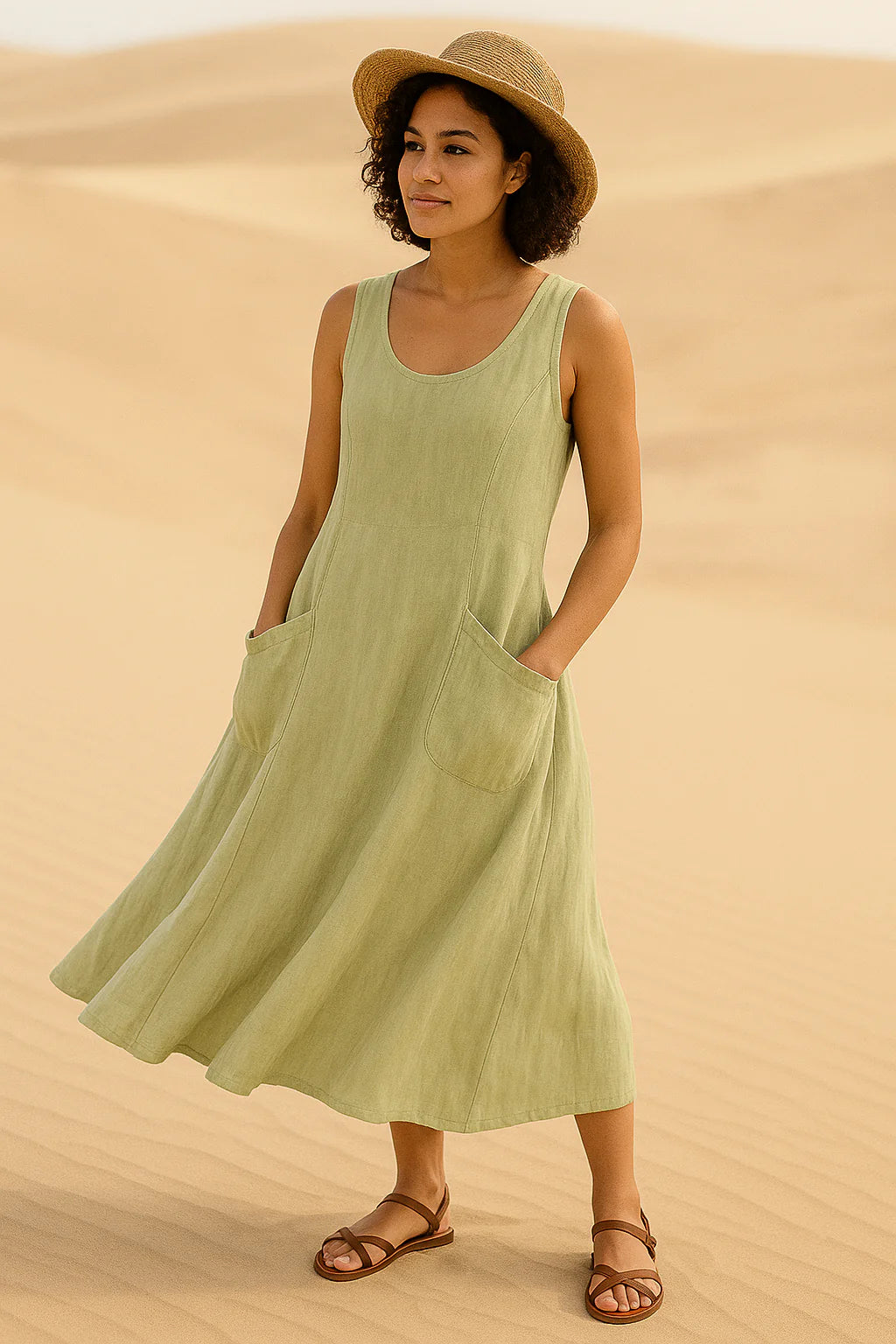 Vestido Isadora  Midi sem Mangas e Bolsos Frontais