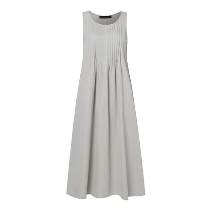 Vestido Eloá Midi sem Mangas Pregas no Decote e Bolsos Frontais