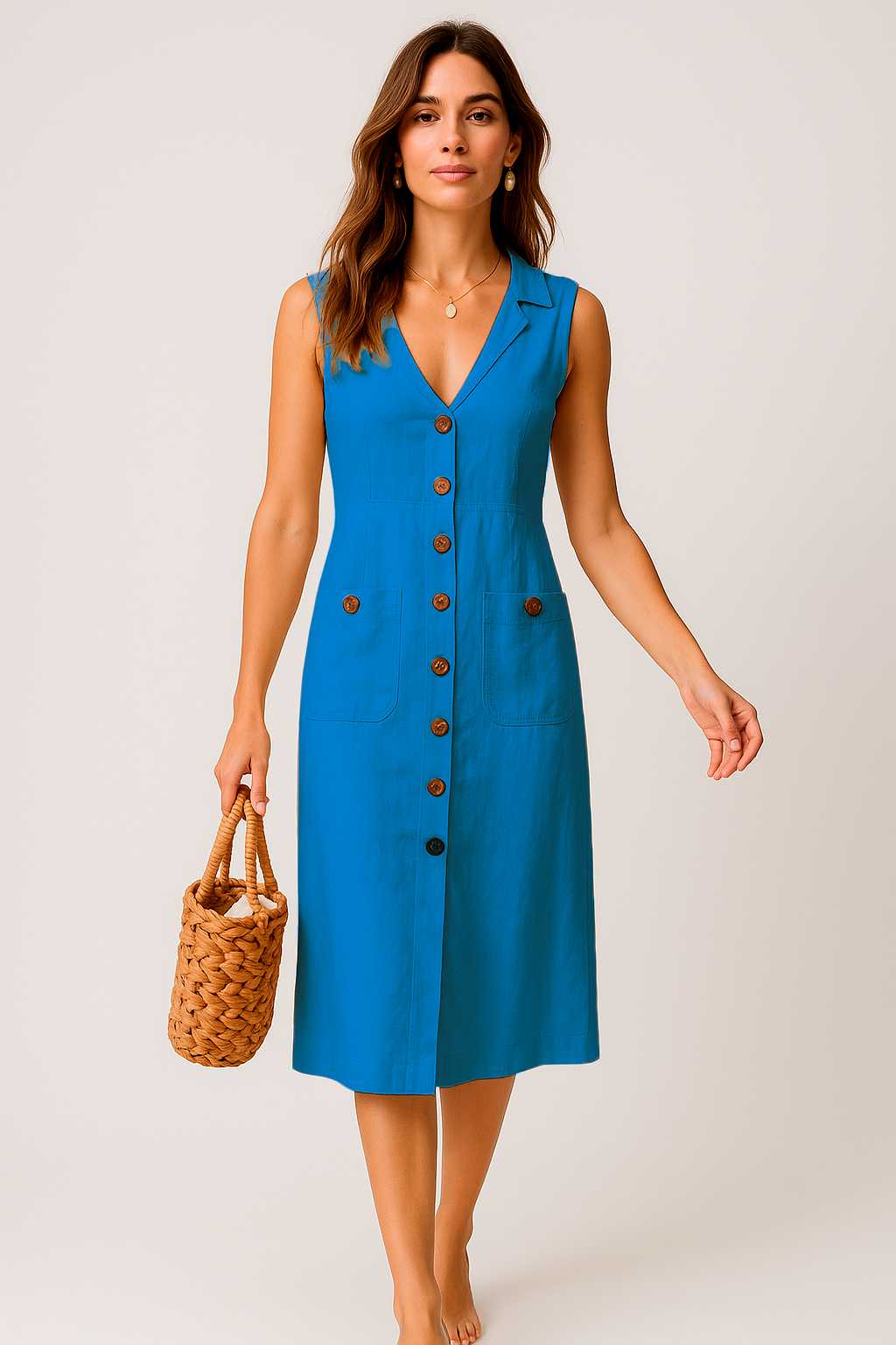 Vestido Cecília Midi Decote V com Gola Botões e Bolsos Frontais