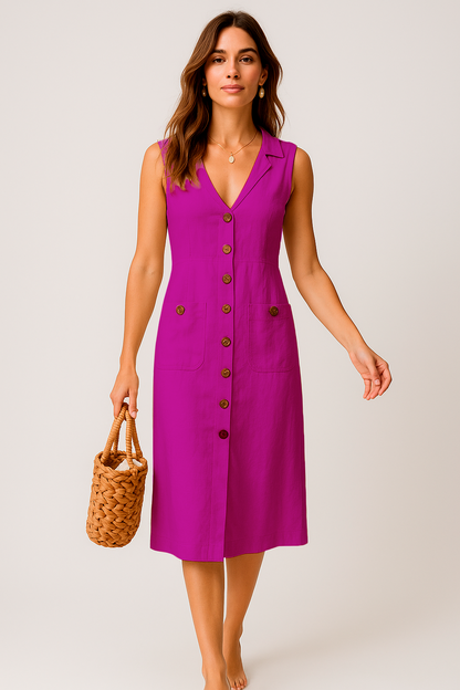 Vestido Cecília Midi Decote V com Gola Botões e Bolsos Frontais