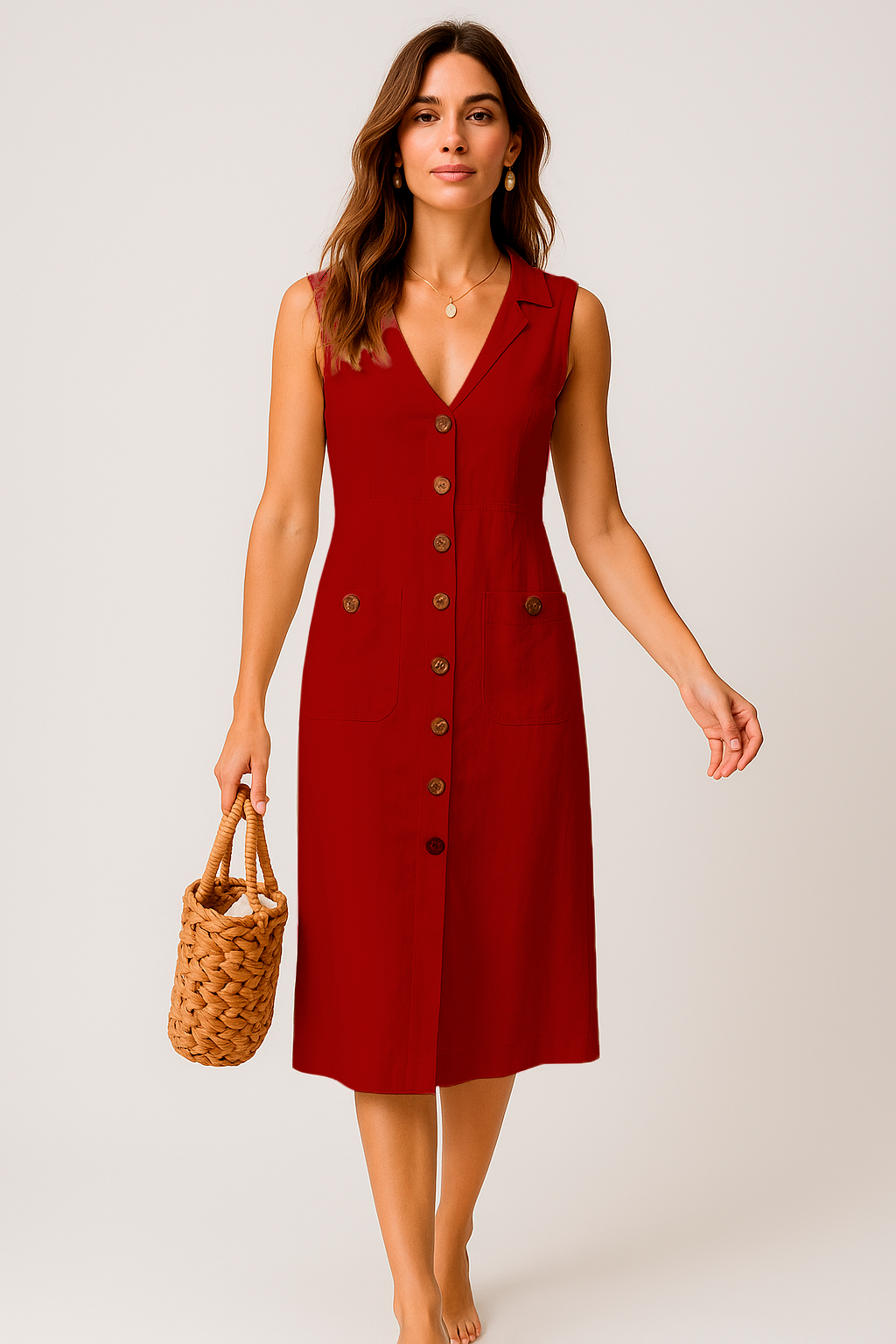 Vestido Cecília Midi Decote V com Gola Botões e Bolsos Frontais