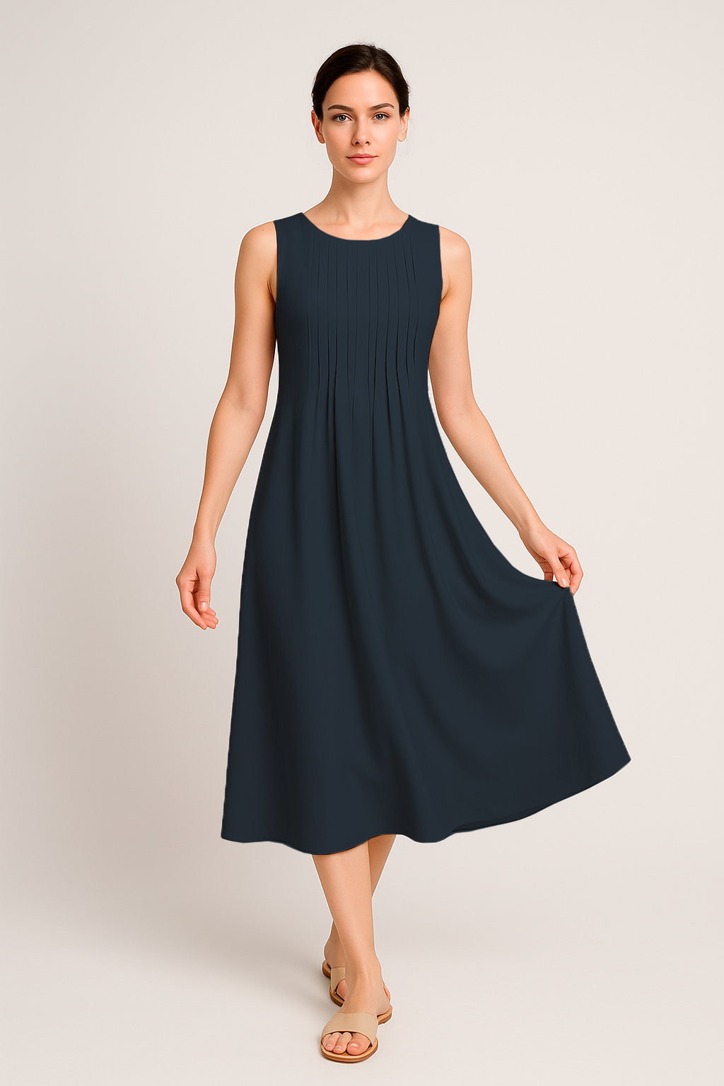 Vestido Eloá Midi sem Mangas Pregas no Decote e Bolsos Frontais