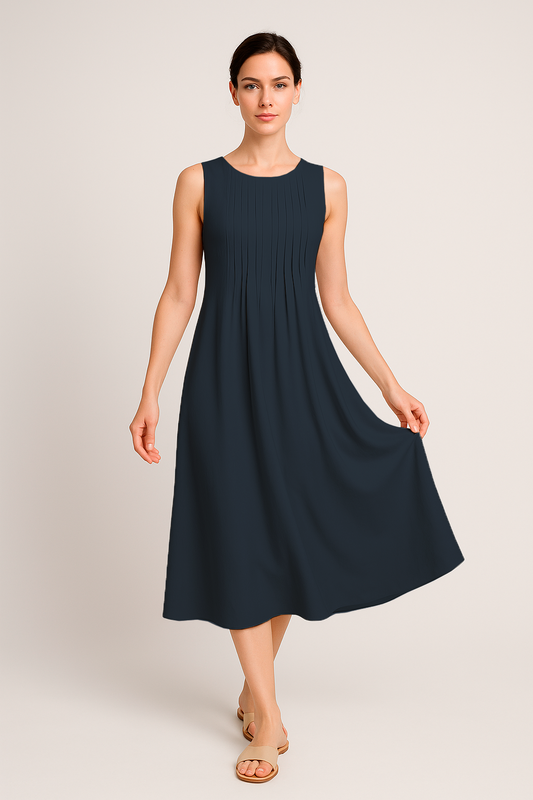 Vestido Eloá Midi sem Mangas Pregas no Decote e Bolsos Frontais