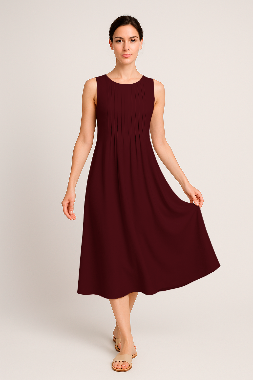 Vestido Eloá Midi sem Mangas Pregas no Decote e Bolsos Frontais