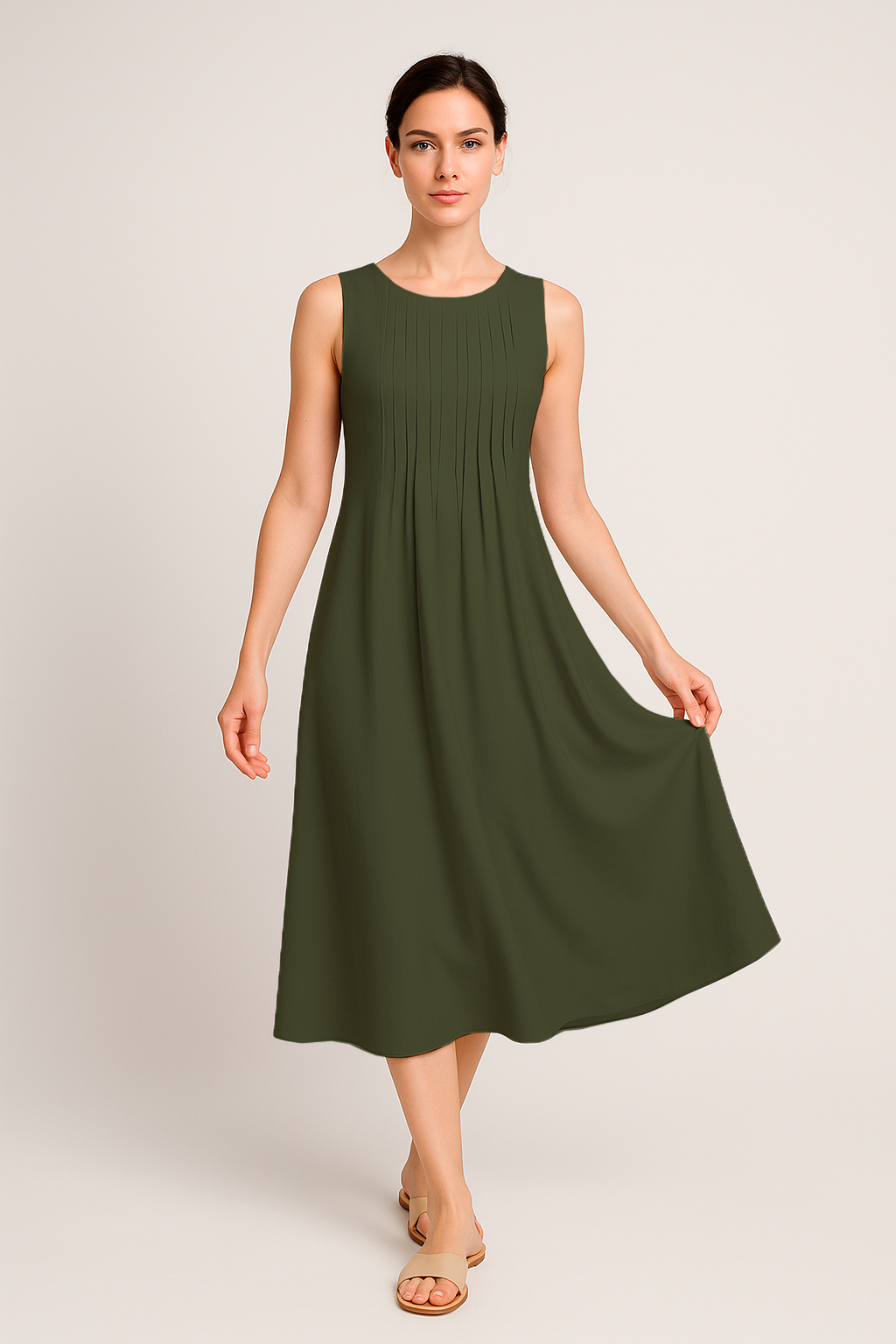 Vestido Eloá Midi sem Mangas Pregas no Decote e Bolsos Frontais