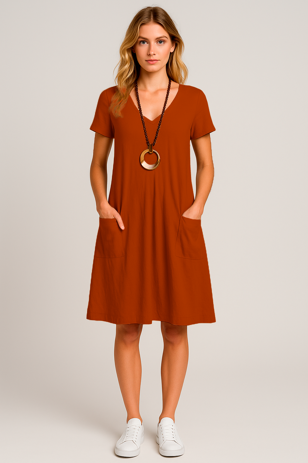 Vestido Lavínia Midi Decote Redondo Bolsos Frontais e  Manga Curta