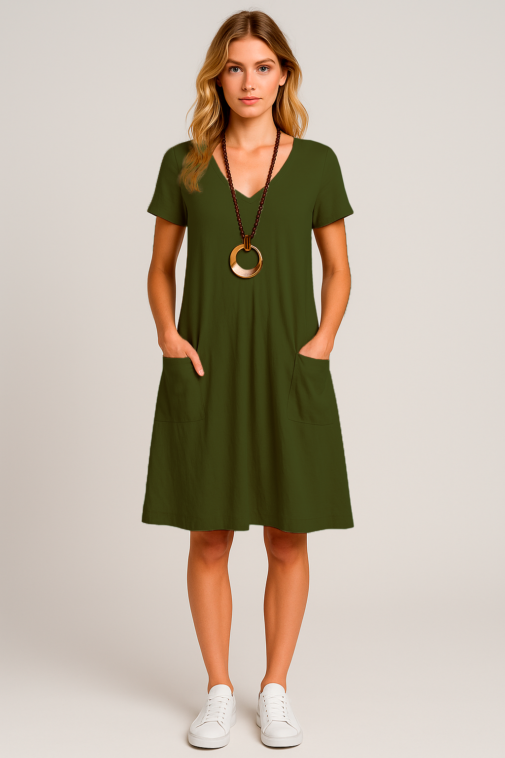 Vestido Lavínia Midi Decote Redondo Bolsos Frontais e  Manga Curta