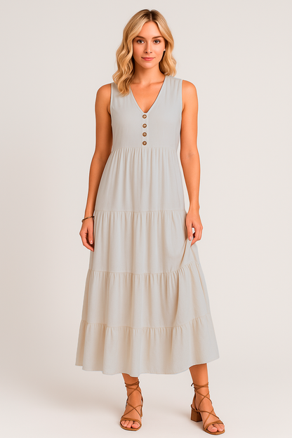 Vestido Maia Decote V com Botões e Saia 3 Marias