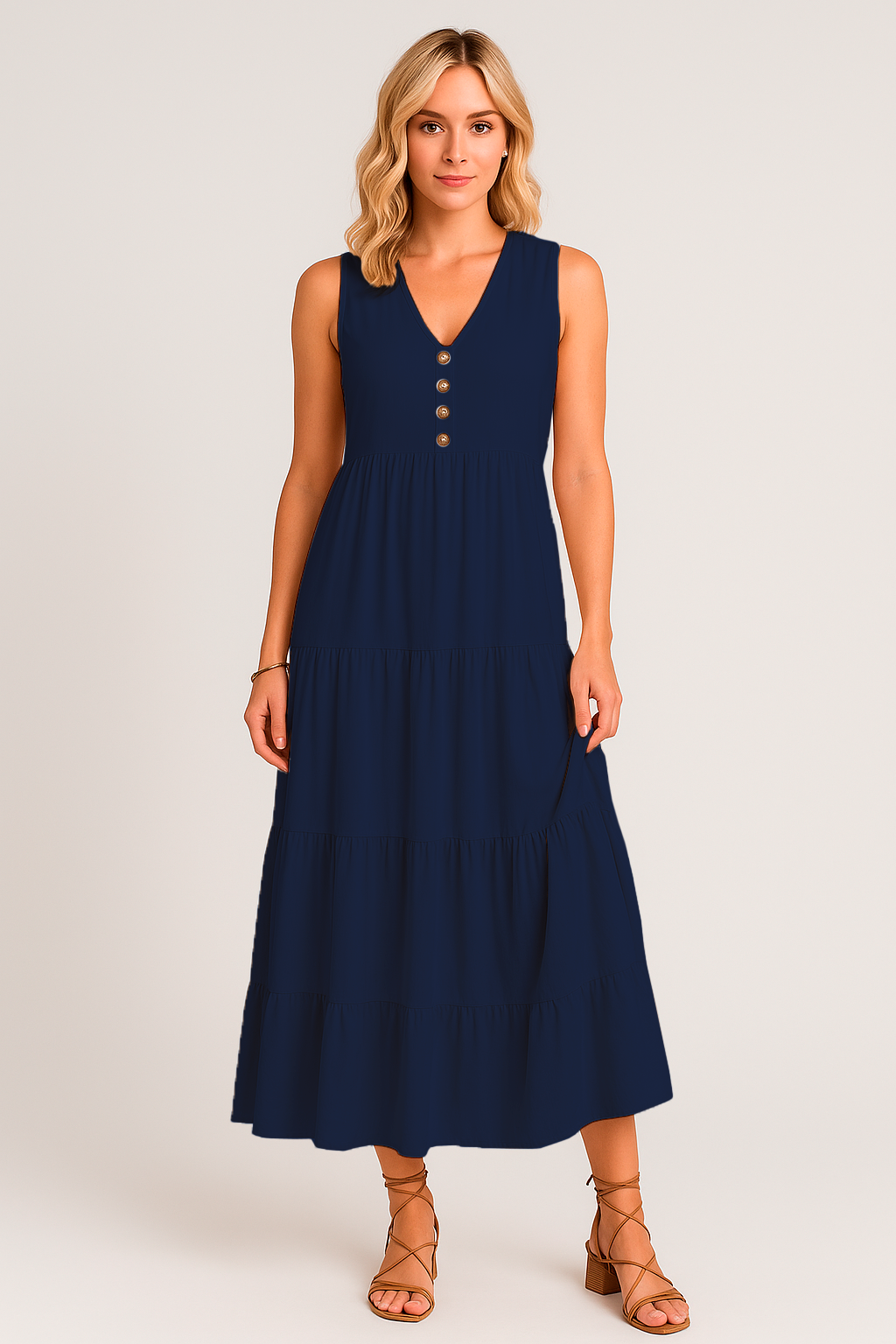 Vestido Maia Decote V com Botões e Saia 3 Marias