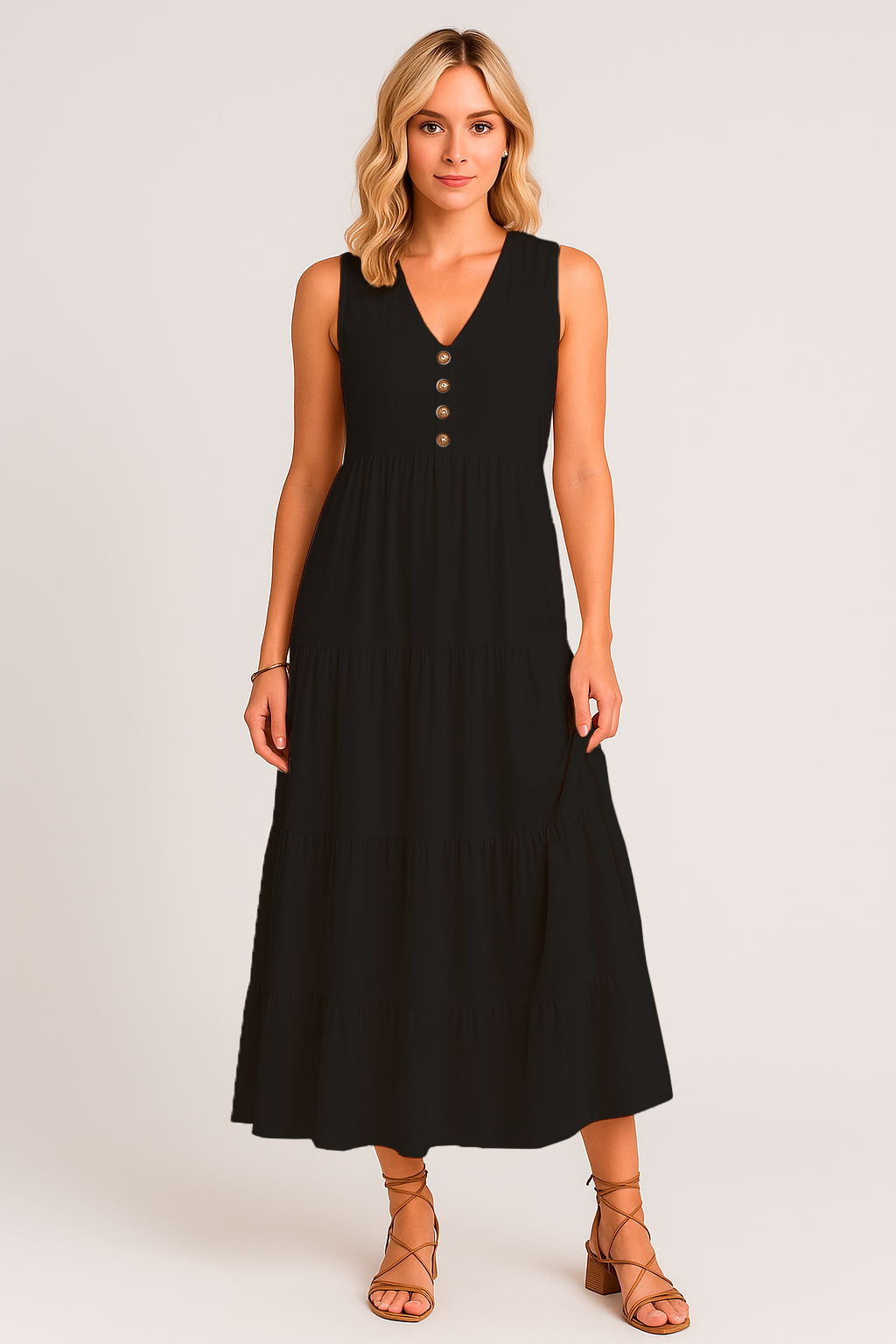 Vestido Maia Decote V com Botões e Saia 3 Marias